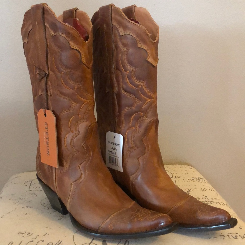 STETSON LADIES BURNISHED TAN SUEDE MULE EAR COWBOY BOOT